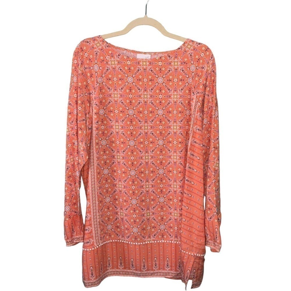 J Jill Womens Orange Floral Paisley Print 3/4 Sleeve Boho Prairie Blouse Sz. L